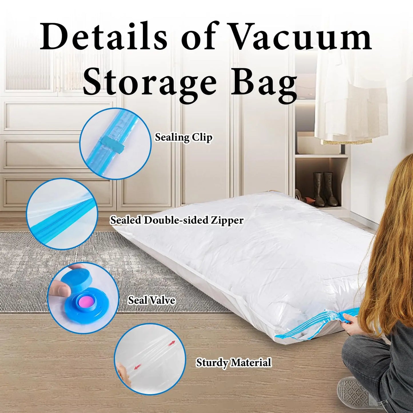 Vacuum Compression Bags (5 pcs) — Store Comforters, Blankets & Jackets, Reusable & Airtight